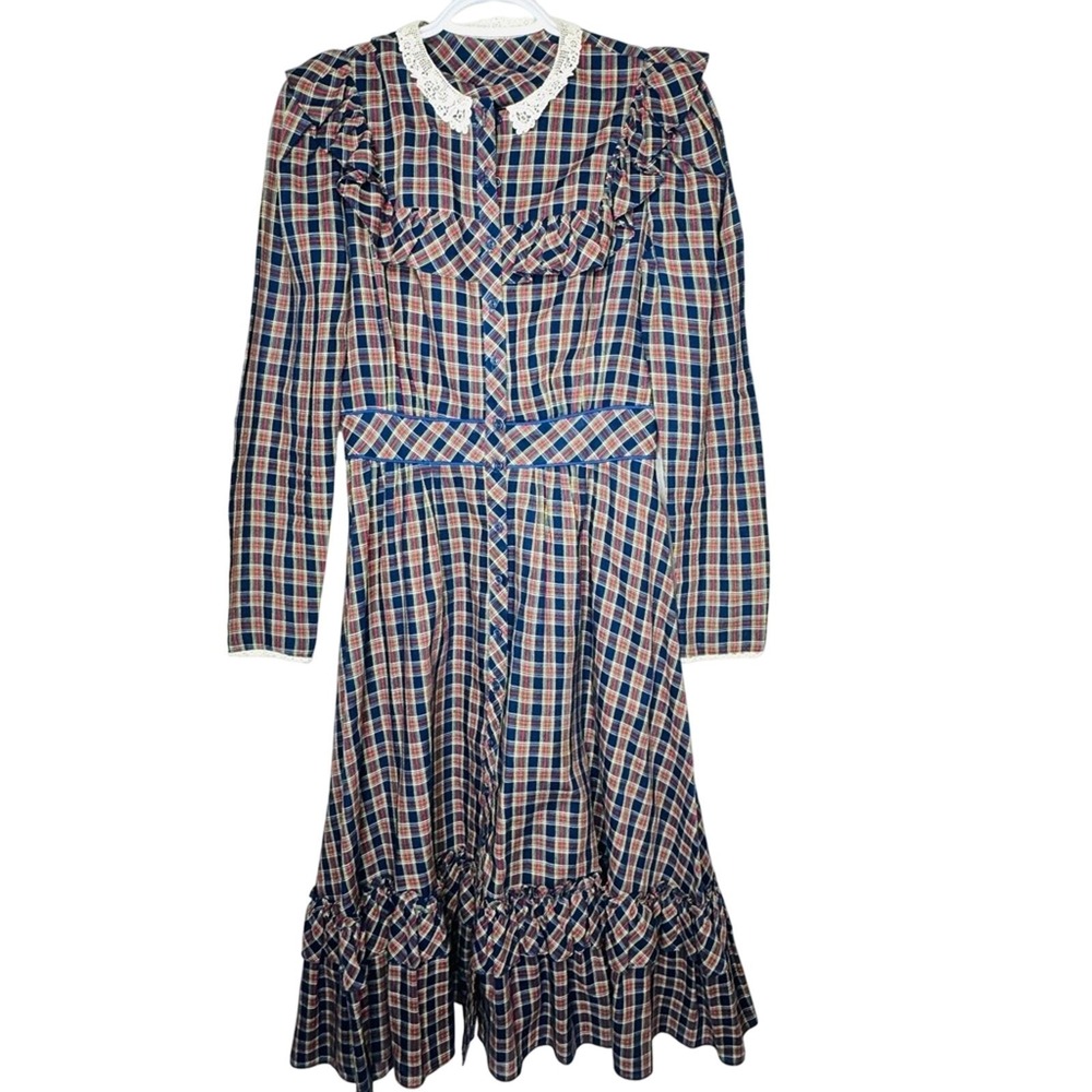 Vintage 70's Candi Jones Womens Prairie Cottagecore Western Dress‎ Plaid Ruffle